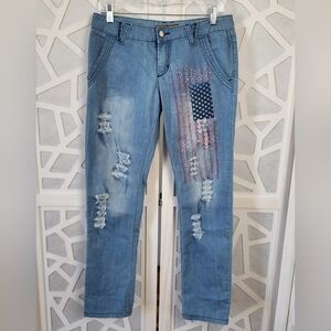 Women’s Light Blue Distressed Jeans with Flag Detail